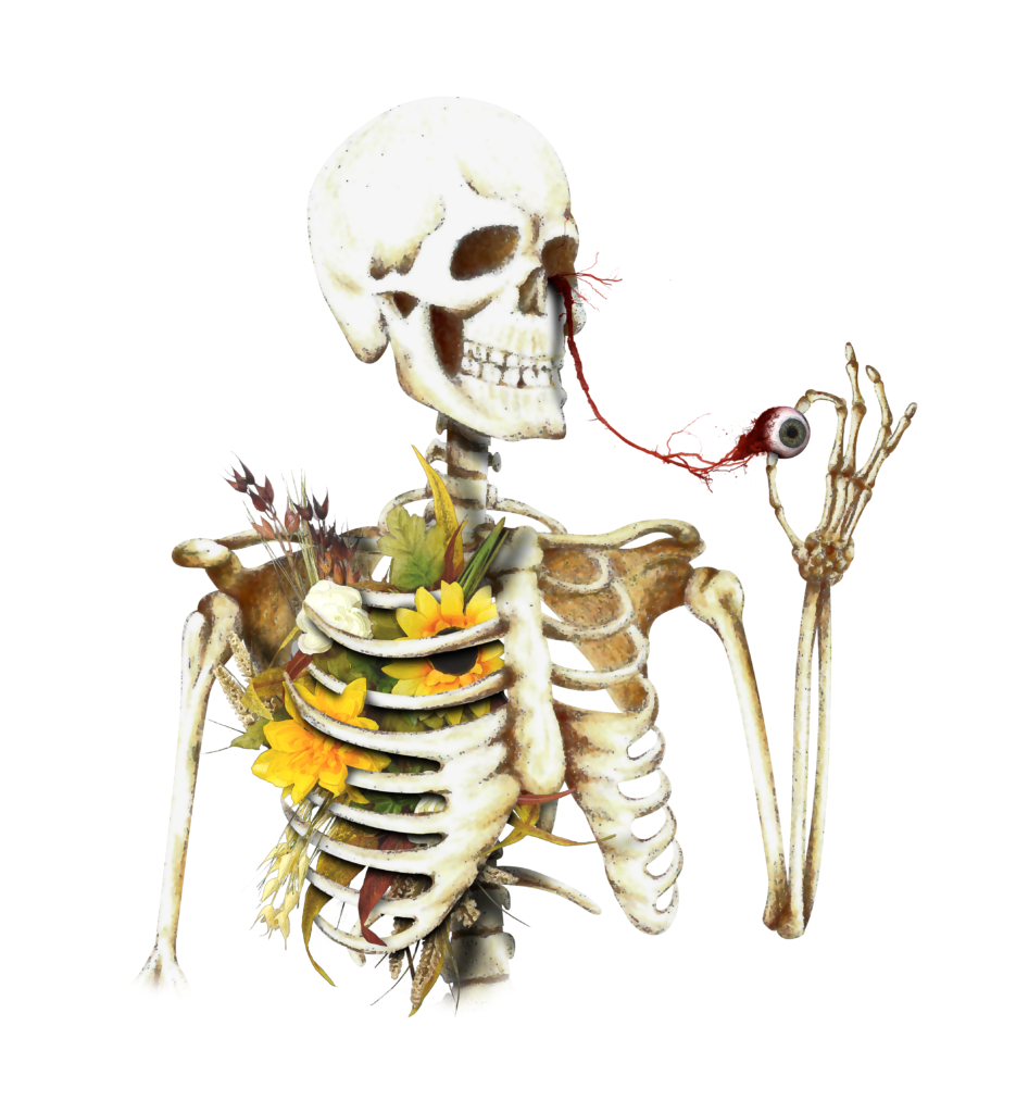 Skeleton with flowers in ribs pulling out eyeball